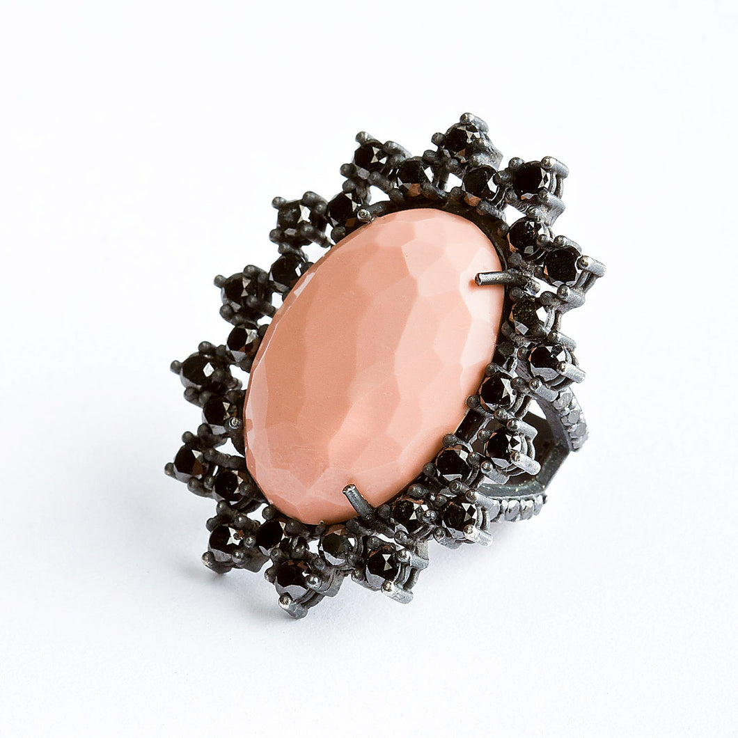 Pink agate ring - silver & black diamonds bezel