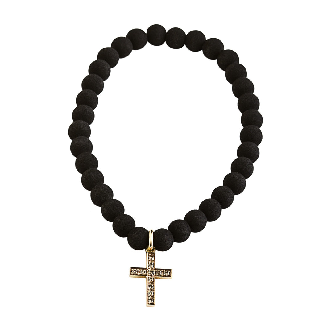 Catholic cross  lava bracelet - rose gold & brown