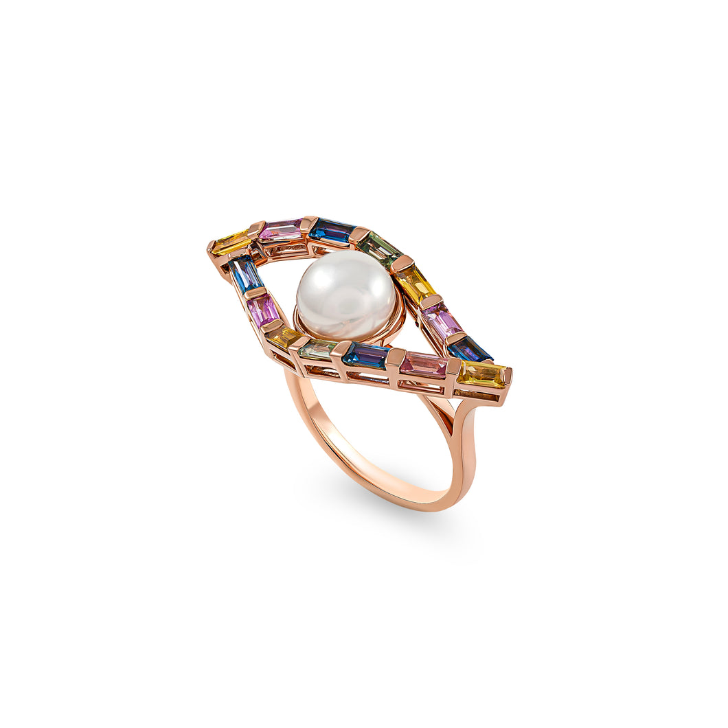 Baguette Cut Natural sapphires- Pearl& Gold ring