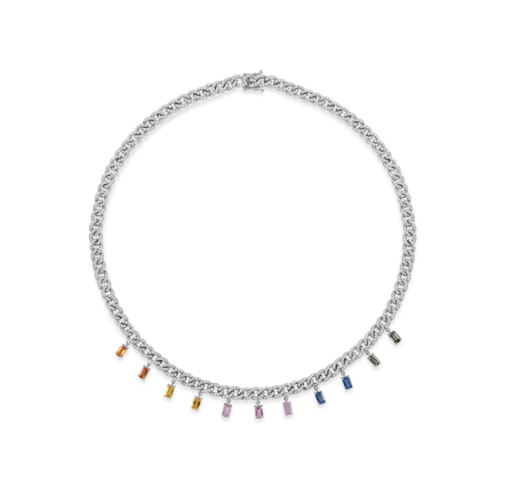 White Diamonds Pave reversible necklace- Rainbow Sapphires