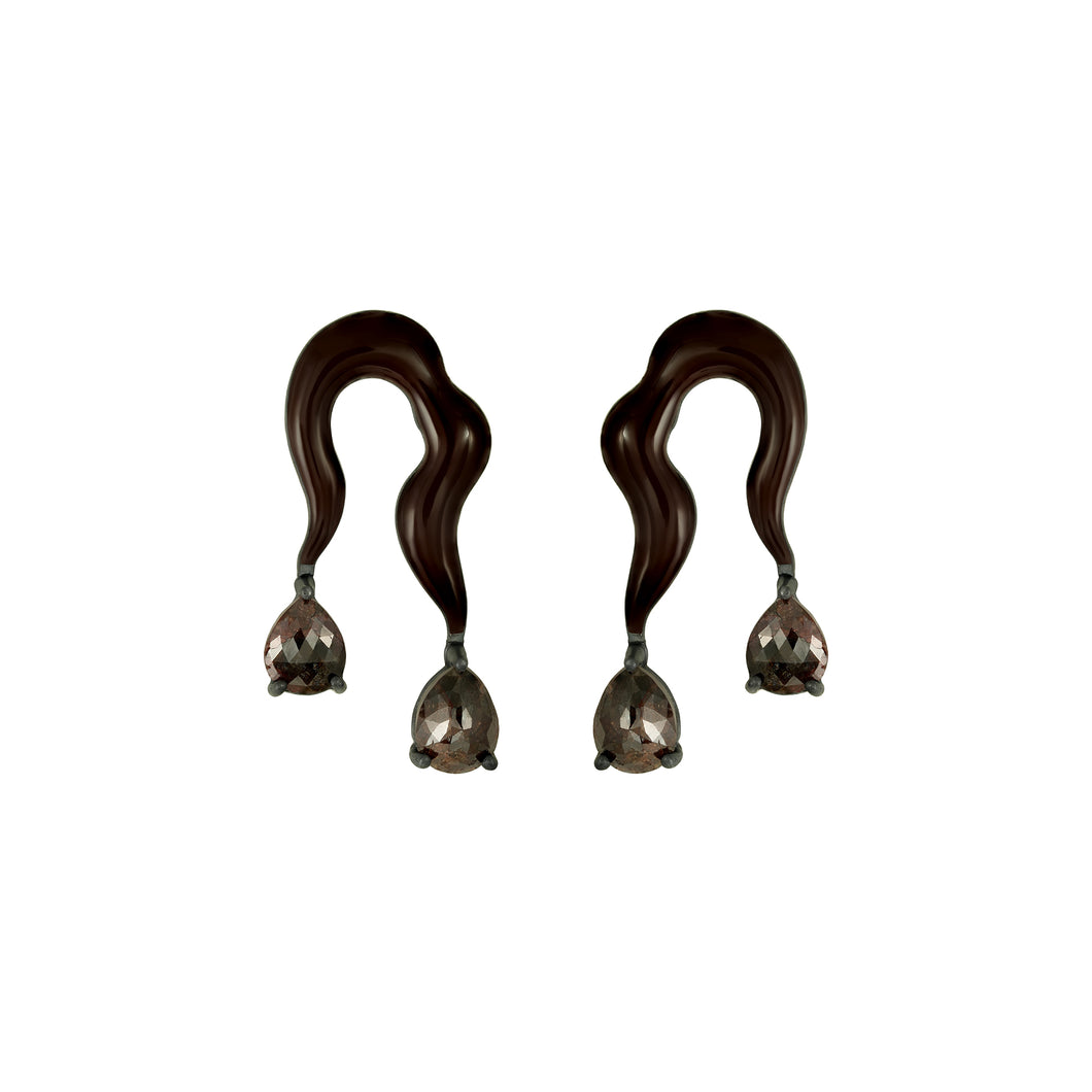 Irregular Earrings- Brown Enamel & Diamonds