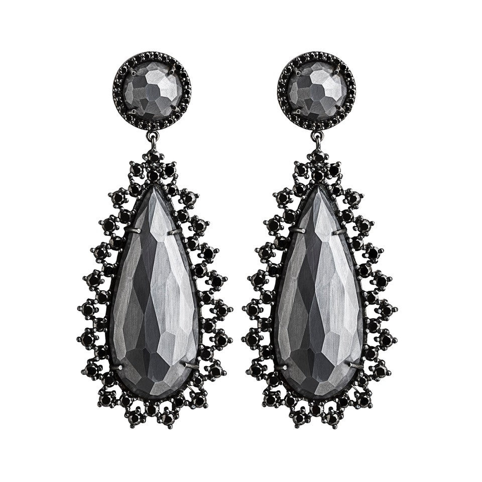 Hematite earrings - silver & black diamonds bezel