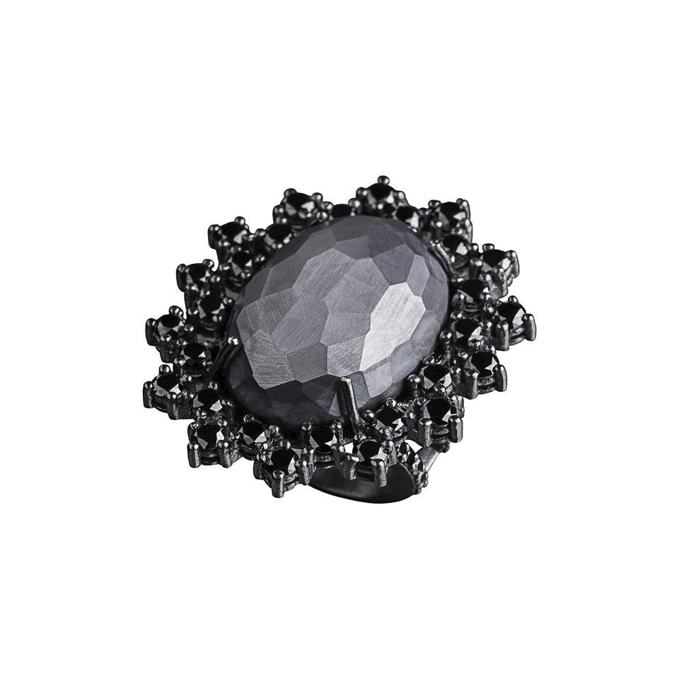 Hematite ring - silver & black diamonds bezel