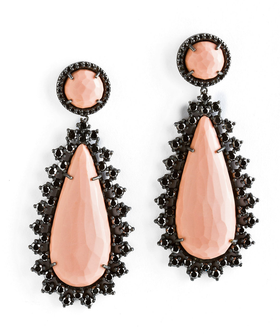 Pink agate earrings - silver & black diamonds bezel