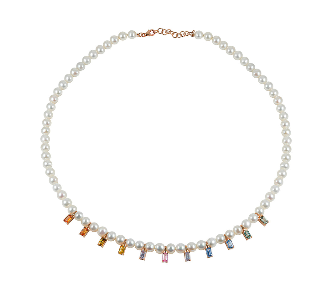 Baguette cut rainbow& pearls necklace