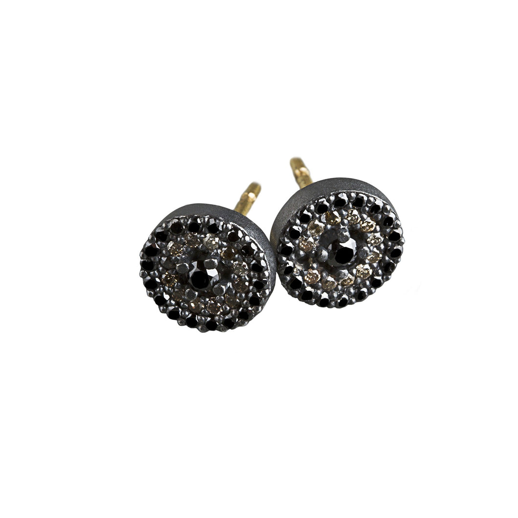 Mini round eye earrings silver - black & brown