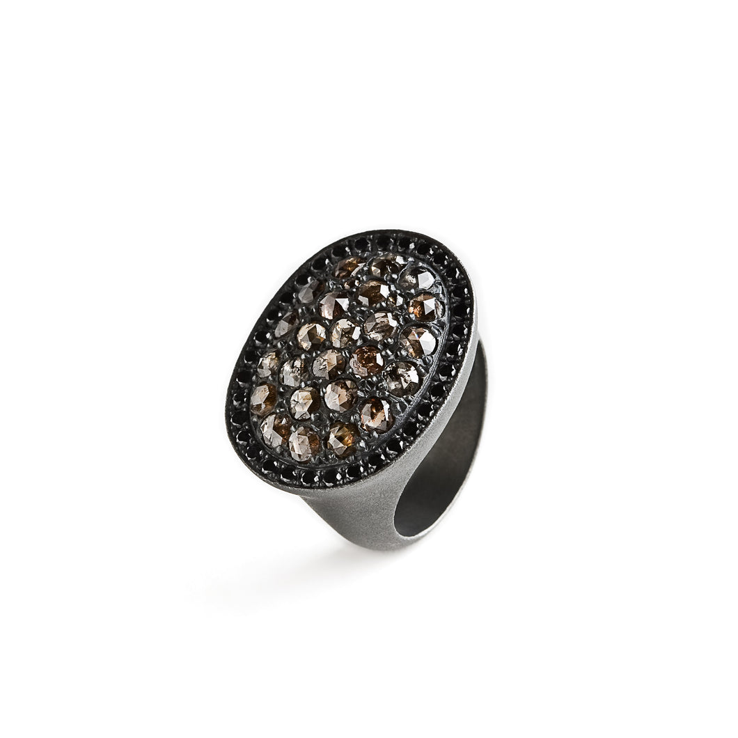 Icy brown & black bezel - small oval ring